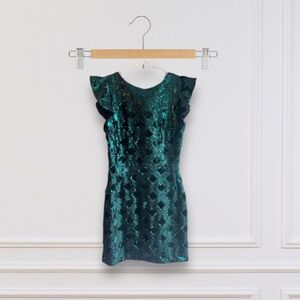 Zara Green Sequin Mini Dress with Ruffle sleeves ribbon NWT XS